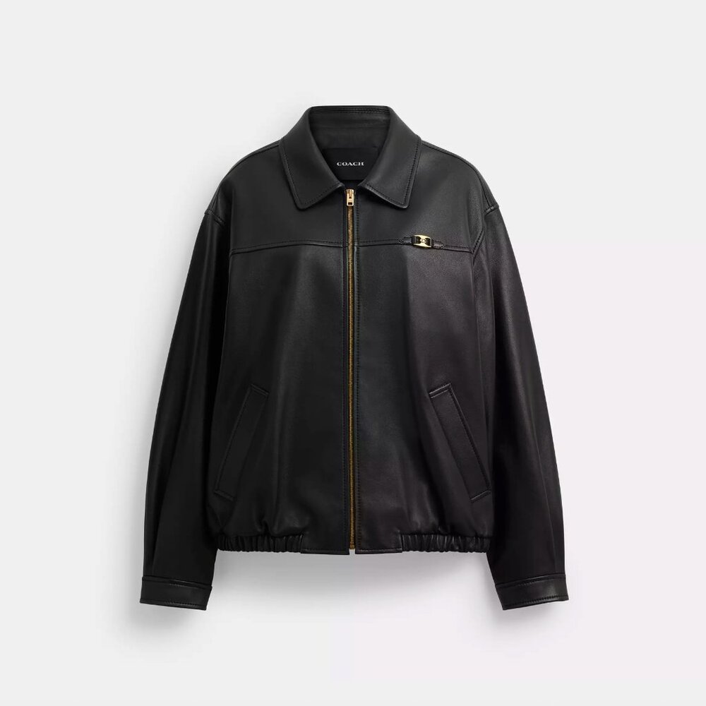 Coach - Heritage C Plaque Oversized Leather Jacket - Black - Small